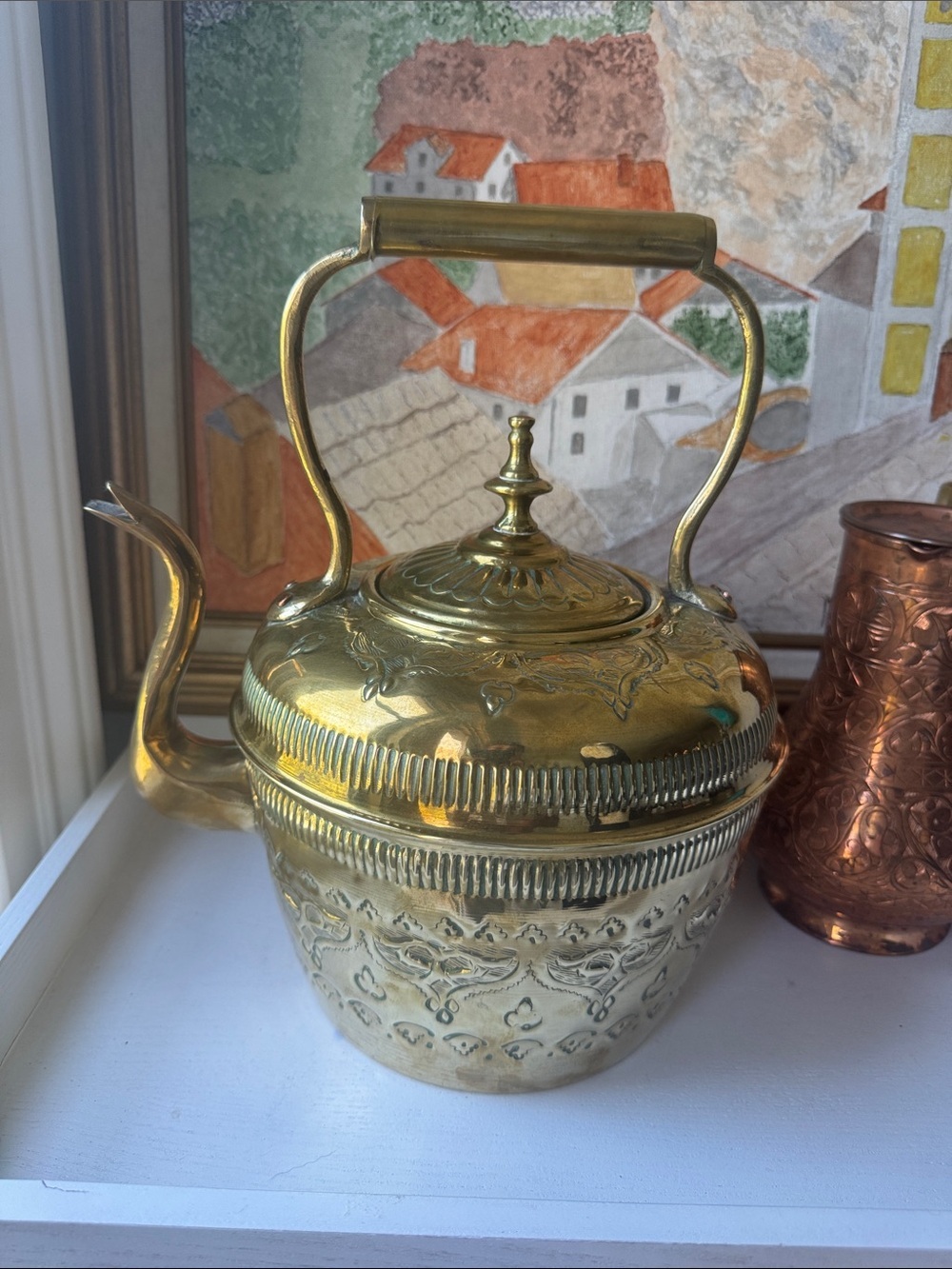 Decorative Gold Brass Kettle with Embossed Detail